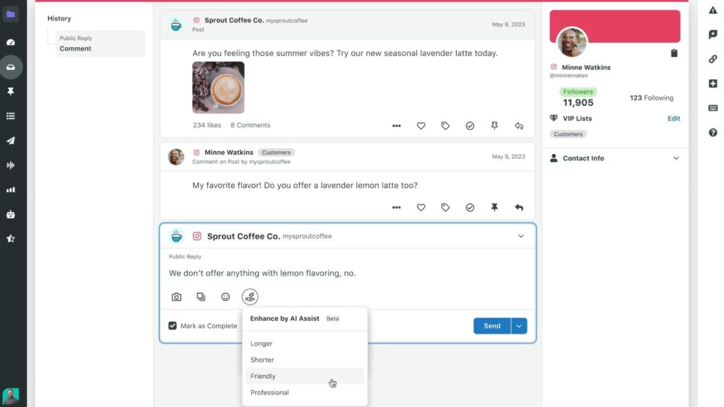 Sprout Social’s AI Assist offers suggestions for longer, shorter, friendlier or more professional copy options.