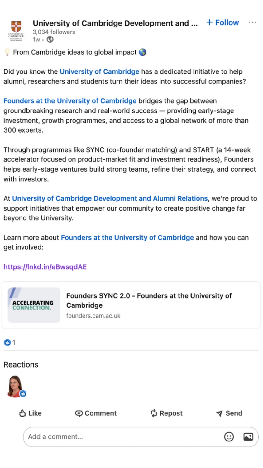 The University of Cambridge’s LinkedIn post in its alumni group explains the establishment's initiatives for graduate founders 