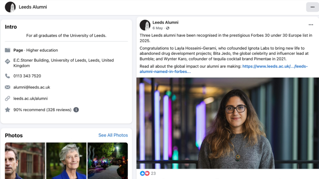 Leeds Alumni’s Facebook post celebrates Leeds graduates on the 2025 Forbes 30 Under 30 Europe list 