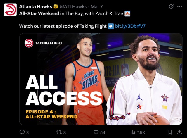An X post from the Atlanta Hawks promoting an All Star Weekend game. 
