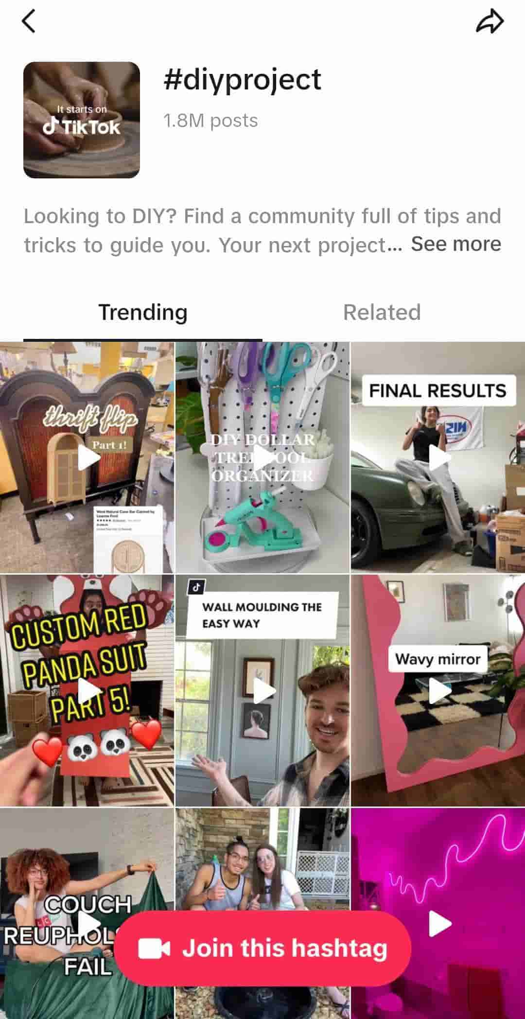 A screenshot of the #diyproject hashtag results in TikTok