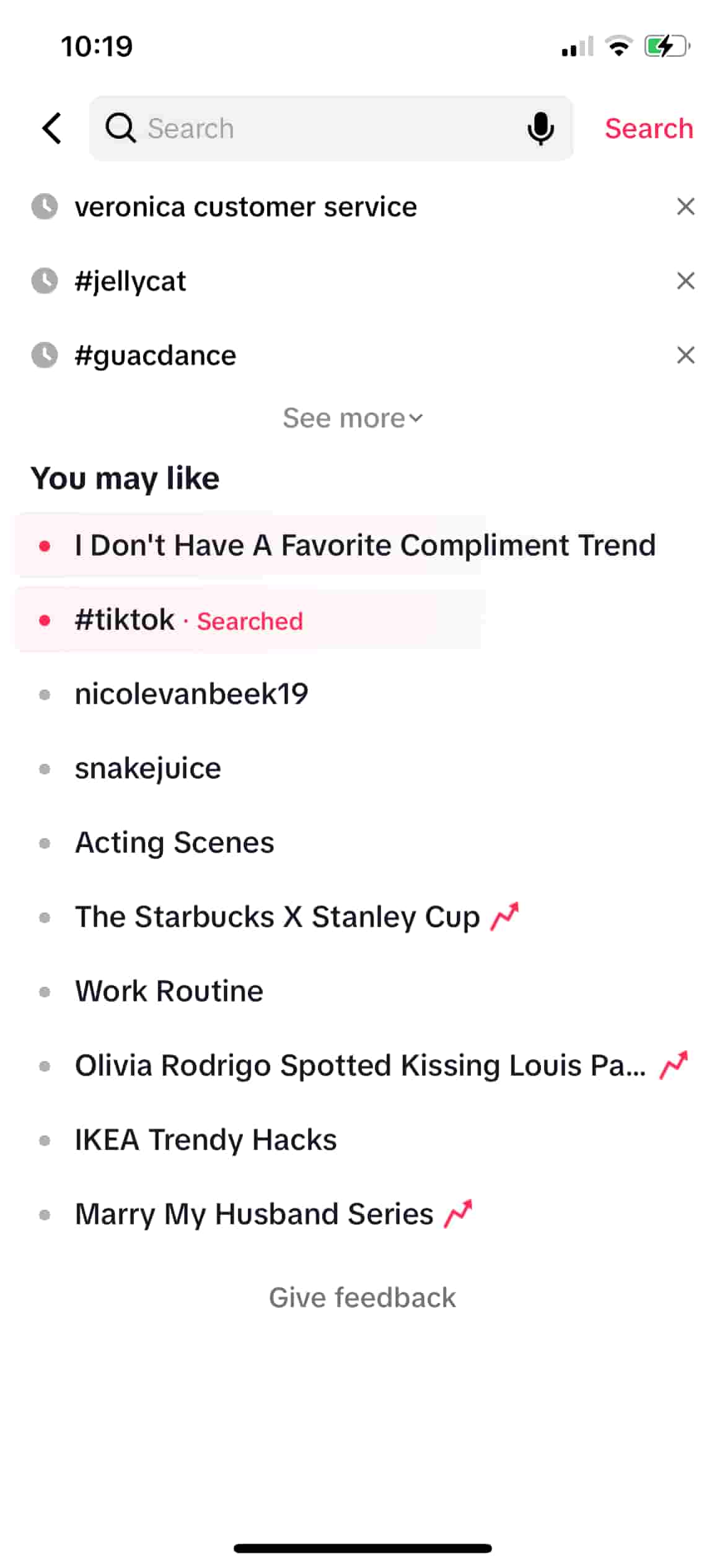 A screenshot of TikTok's search interface, which shows trending topics and hashtags you may be interested in.