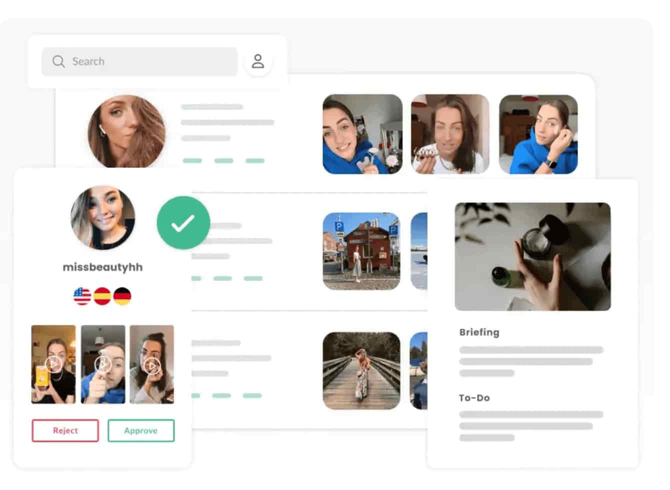 Squarelovin product images featuring influencers, branded content and a briefing feature (Source: Squarelovin product page)