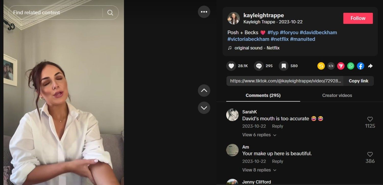 Kayleigh Trappe’s TikTok post shows Kayleigh lip-syncing to a David and Victoria Beckham interview