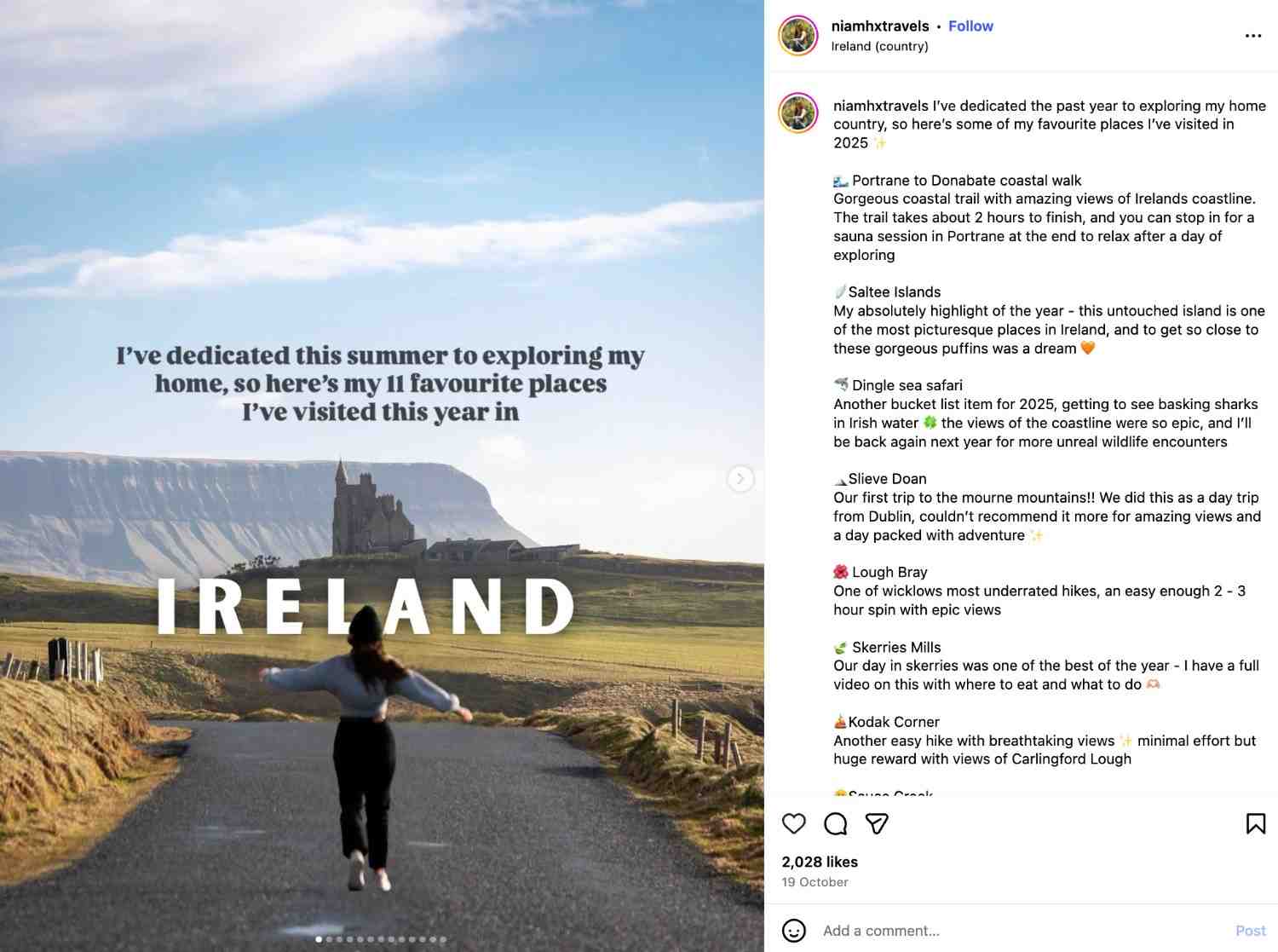Niamh Flynn’s Instagram post shows her introducing 11 of her favourite places she visited in Ireland in 2025
