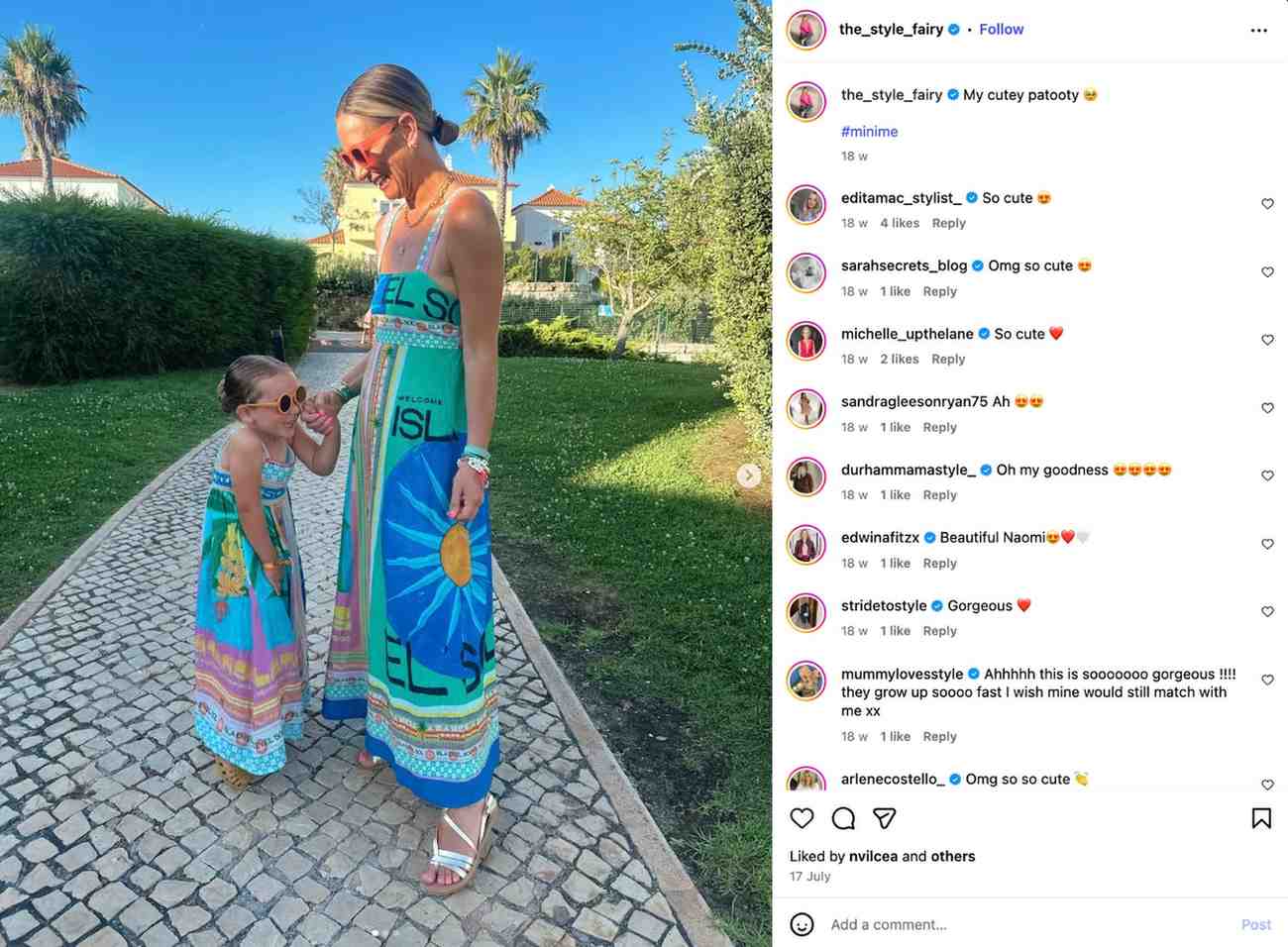 Naomi Clarke’s Instagram post shows her and her daughter wearing matching outfits while on holiday