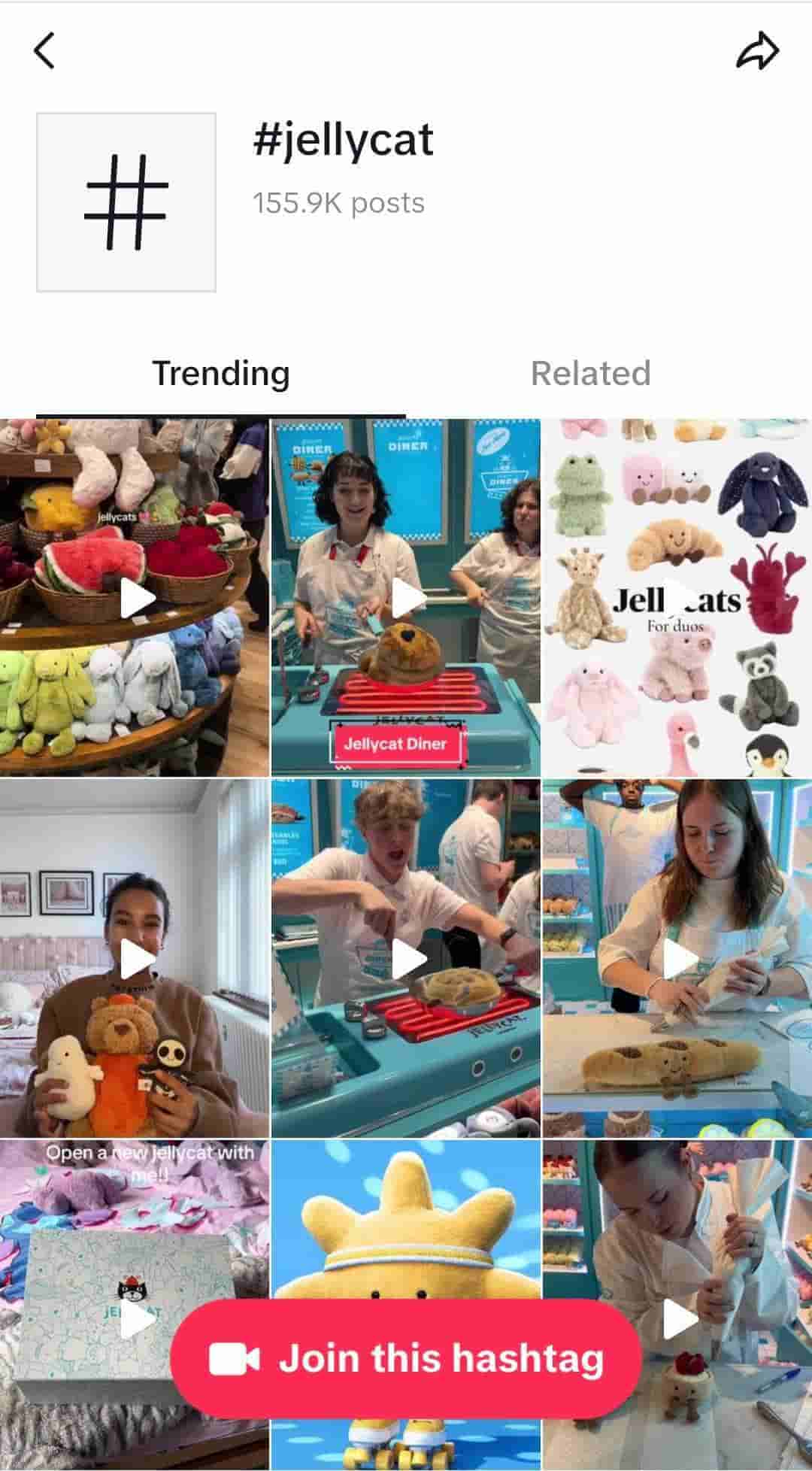 A screenshot of the #jellycat hashtag results in TikTok