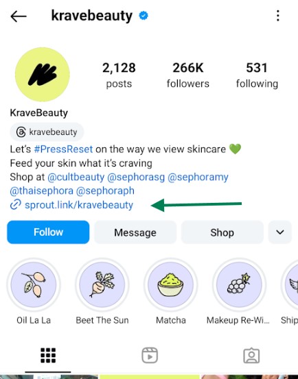 Screenshot of Krave Beauty's Instagram profile with a green arrow pointing to the sproutlink in their bio.