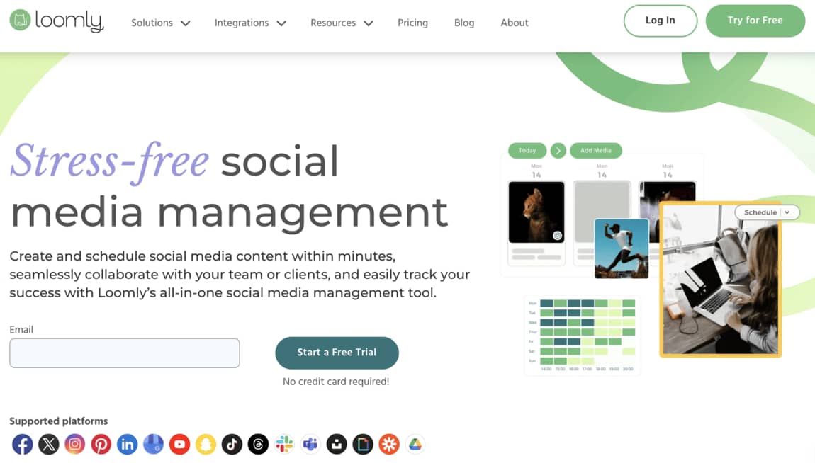 Screenshot of Loomly's homepage with the text "Stress-free social media management" written on their homepage.