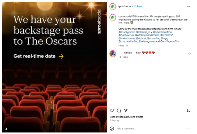 Sprout Social's Instagram post showing live event coverage of the Oscars