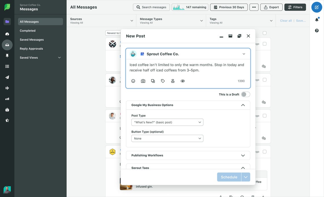 Sprout’s Smart Inbox workflow shows Google Business Profile options like post type and button type