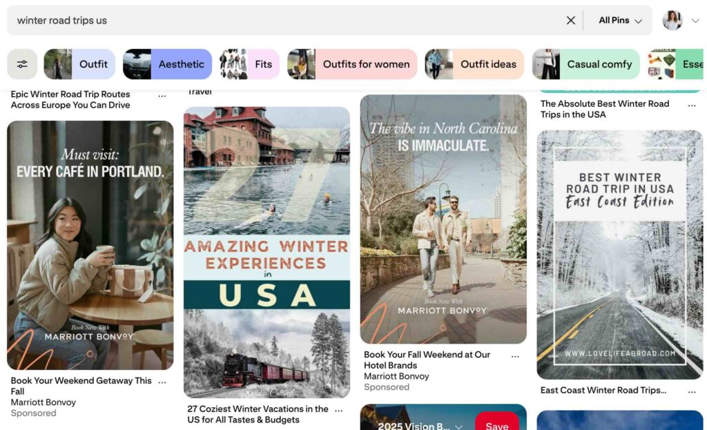 Pinterest search results for “winter road trips US.” The page shows two sponsored pins for Marriott Bonvoy in a single scroll, one promoting Portland and the other promoting North Carolina.