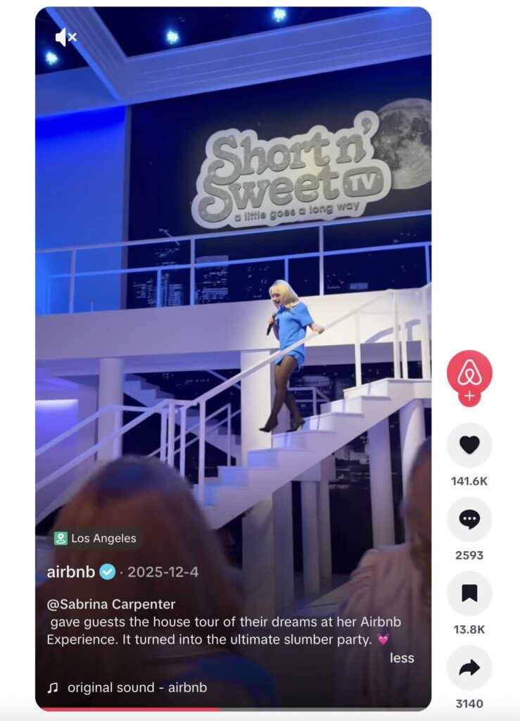 A TikTok post showing Sabrina Carpenter surprising her fans at an event organized in partnership with Airbnb.