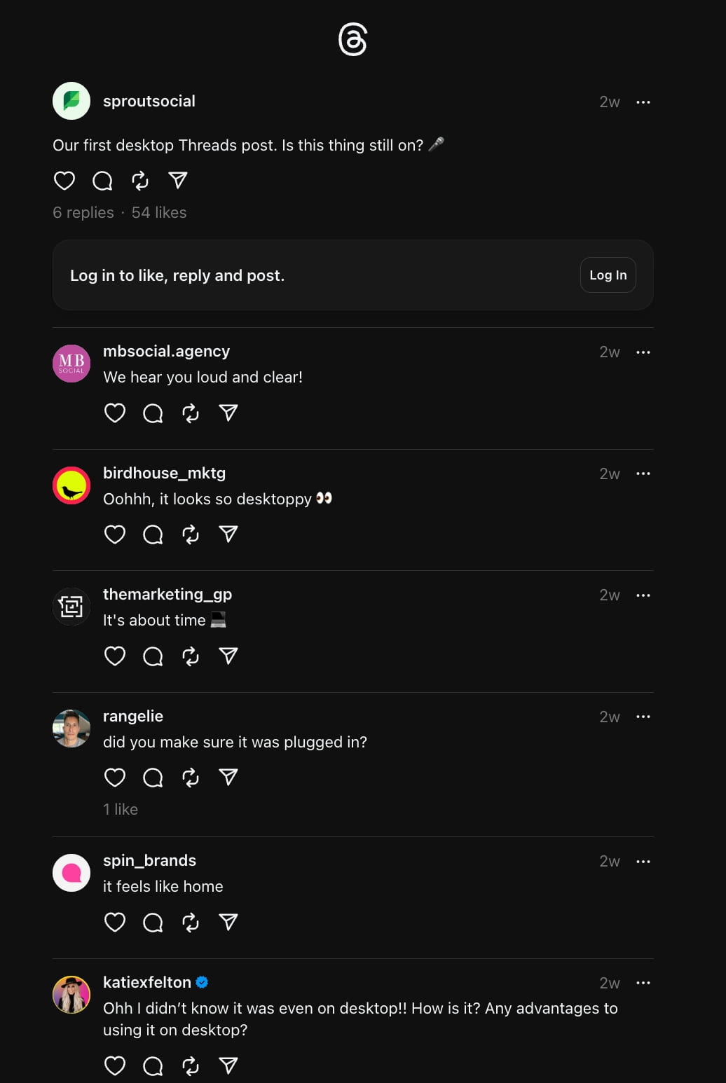 A Thread post from Sprout Social that reads, "Our first desktop Threads post. Is this thing still on?"