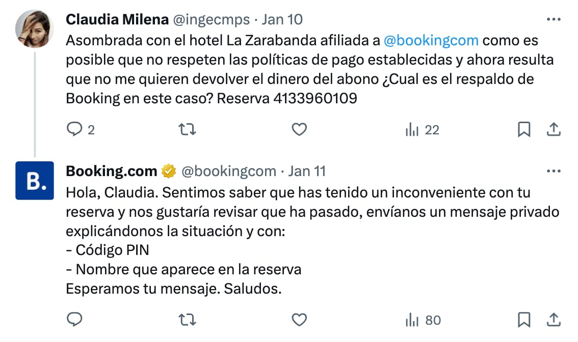 A post X showcasing a customer complaint and Booking.com’s response in another language.
