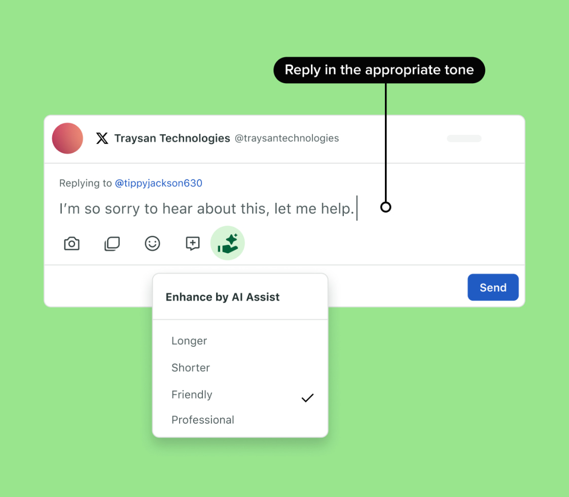 Sprout's Enhance by AI capability helps customer service agents customize the tone of their responses to match the customers'.