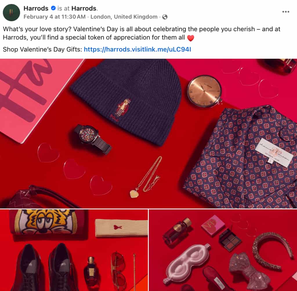 Facebook post from UK retailer Harrod's advertising their shopping options for 2025 Valentine's Day