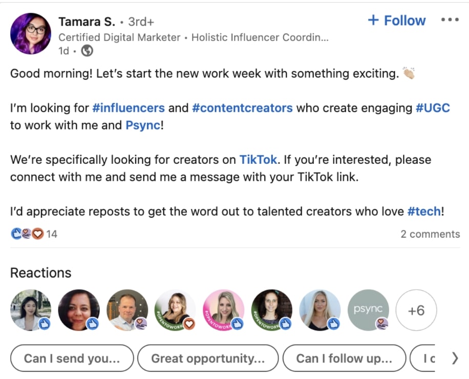 A linkedin post encouraging their network to recommend or tag potential influencers in the comments and share or like the post to help boost its reach.