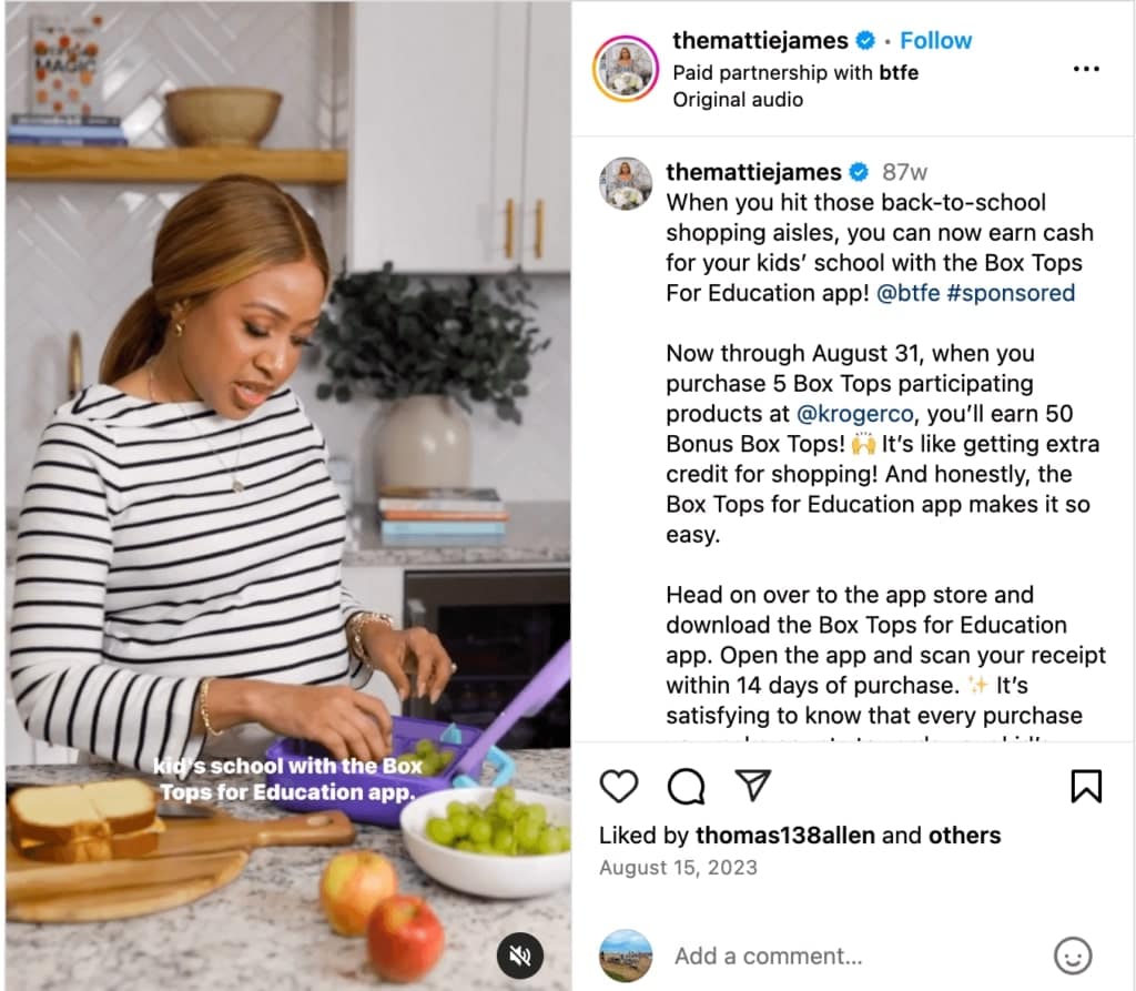 An Instagram post from Mattie James, an Atlanta-based lifestyle influencer and author who has partnered with brands like Samsung, T.J. Maxx and Kroger.