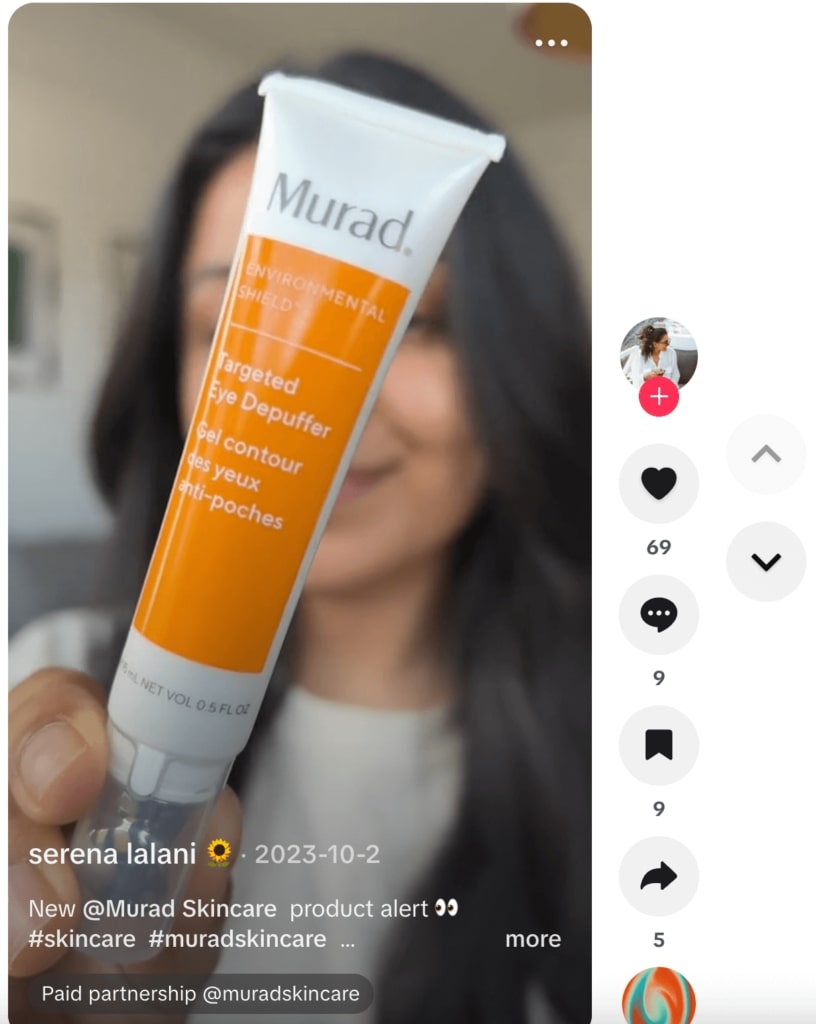 A TikTok video from micro influencer Serena Lalani promoting a skincare brand.