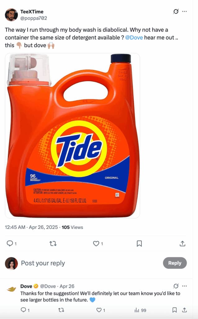 An X post where a customer is telling Dove to make bigger bottles