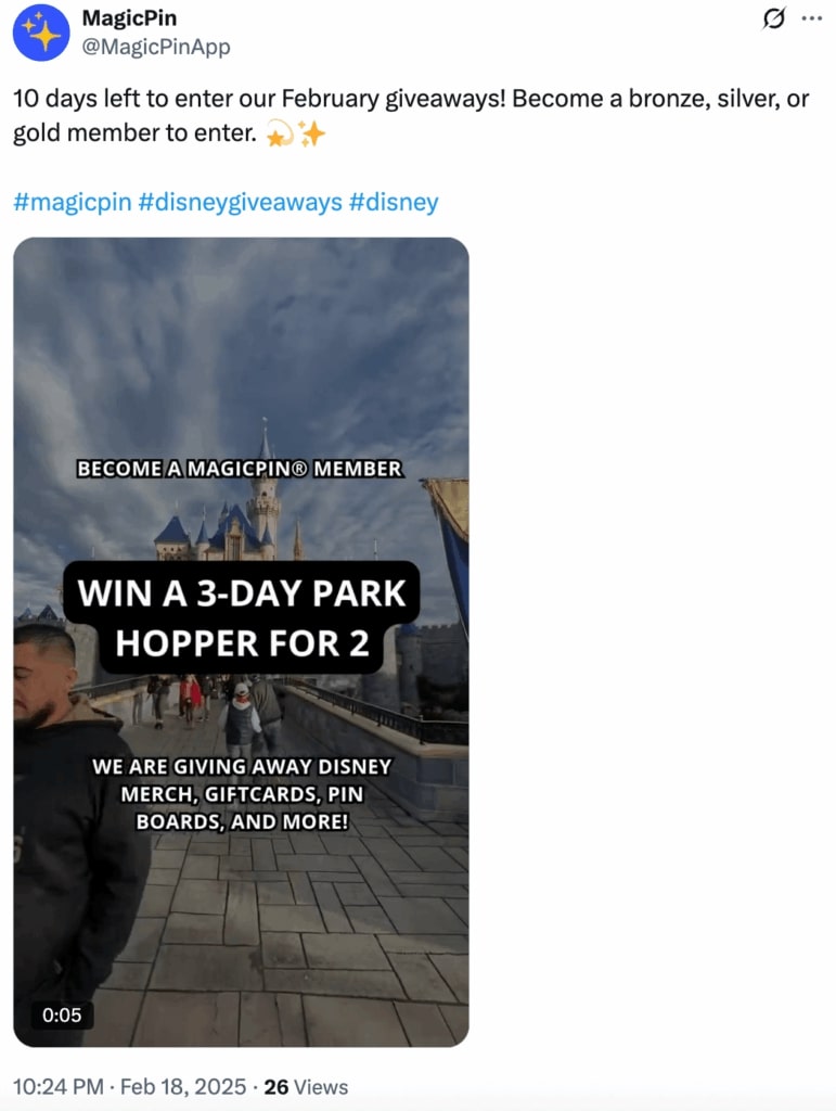 An Instagram post by Disney Pin trading App MagicPin hosting giveaways for a 3-day stay at Disneyland.