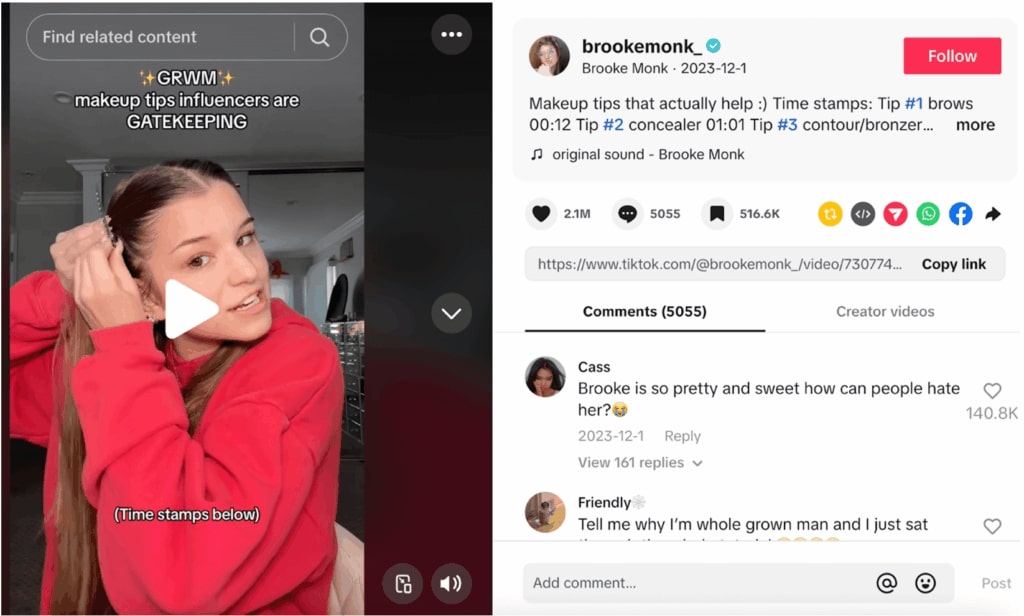 A Get Ready With Me TikTok post from Brook Monk.