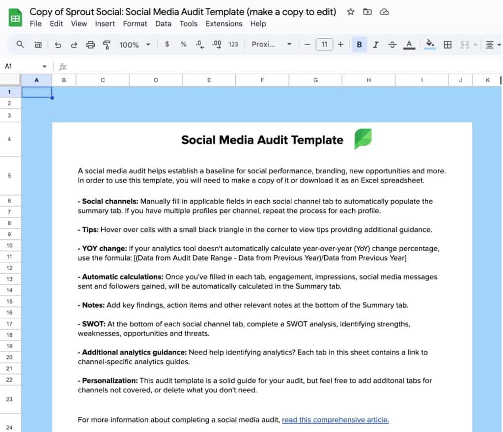 Sprout Social's social media audit template in Google Sheets. 