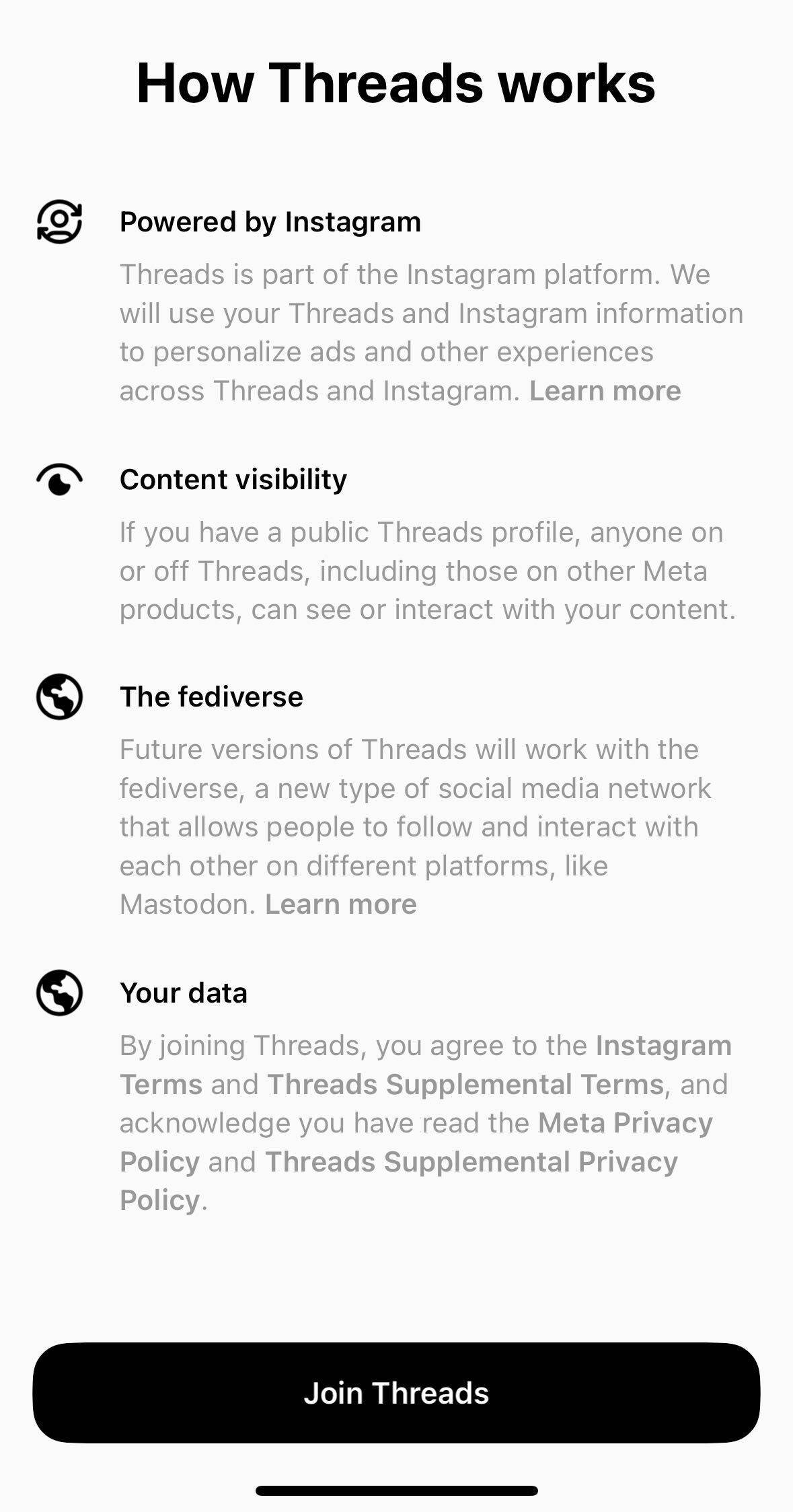 Threads info screen explains platform features like Instagram integration, content visibility and data.