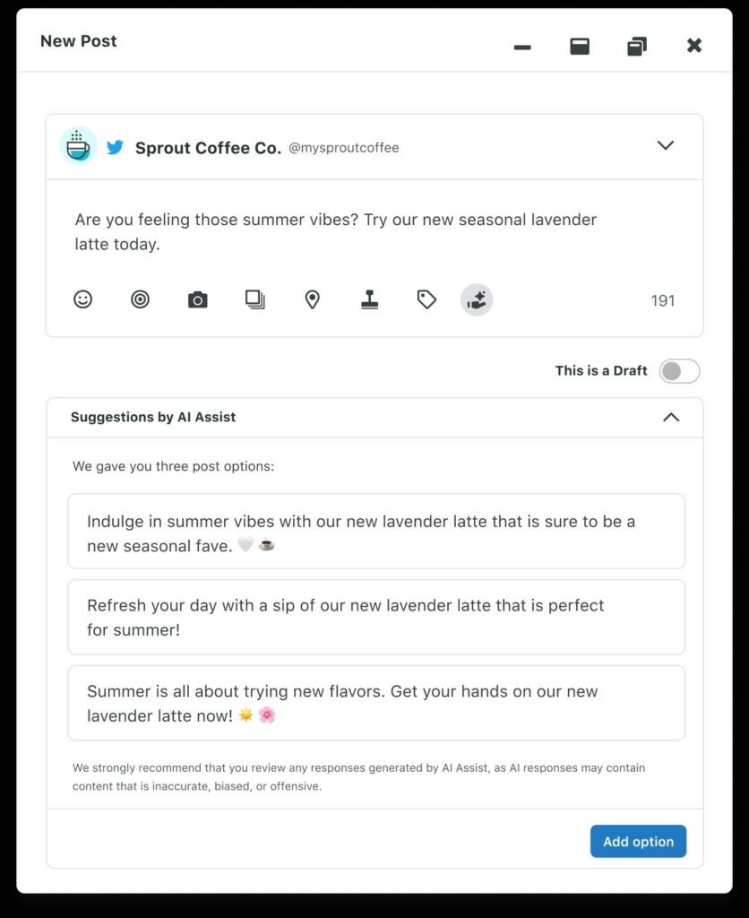 Sprout Social’s post composer showing a draft Twitter post and three AI-generated caption suggestions from AI Assist.