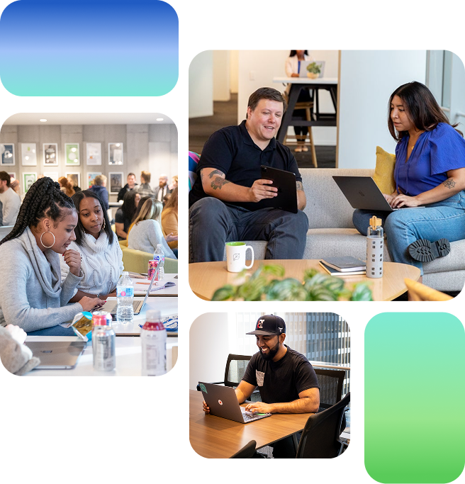 Deux personnes à une table qui semblent concentrées sur un document ou une tablette lors d'une réunion.