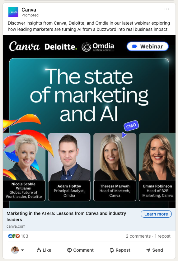  LinkedIn Ad promoting Canva’s The State of Marketing and AI webinar