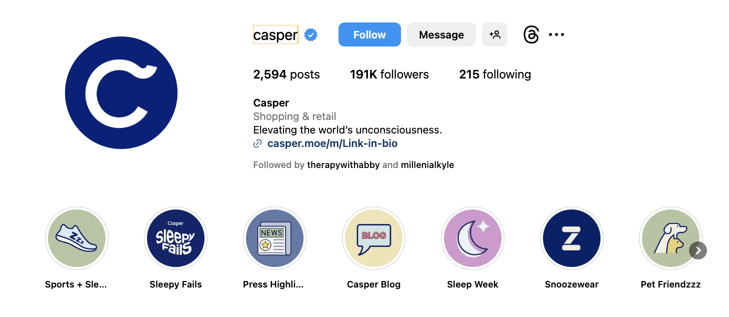 Casper Instagram profile with the brand's logo as a profile picture