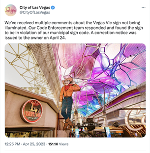 An X post from City of Las Vegas, addressing concerns about the local Vegas Vic sign not being up to code.