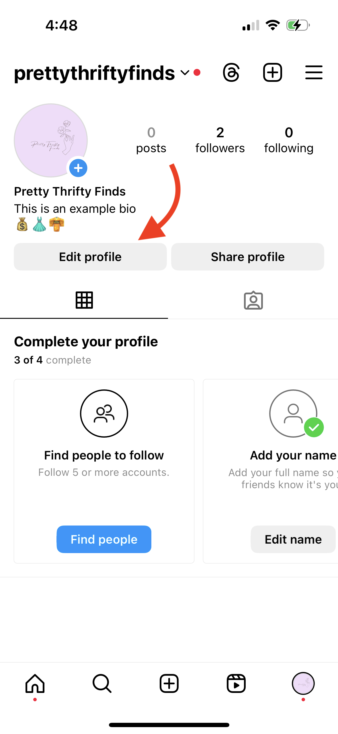 Instagram profile for "prettythriftyfinds" with arrow pointing to the "edit profile" button under the bio