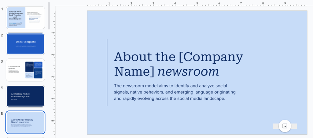 A Google Slides deck template that can be customized to create newsroom model presentations. 