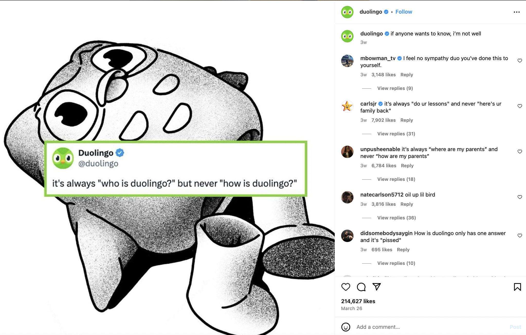 Duolingo Instagram post with an illustration of the brand's mascot lying down exhausted and a Tweet screenshot overlay saying "it's always 'who is duolingo?' but never 'how is duolingo?'"