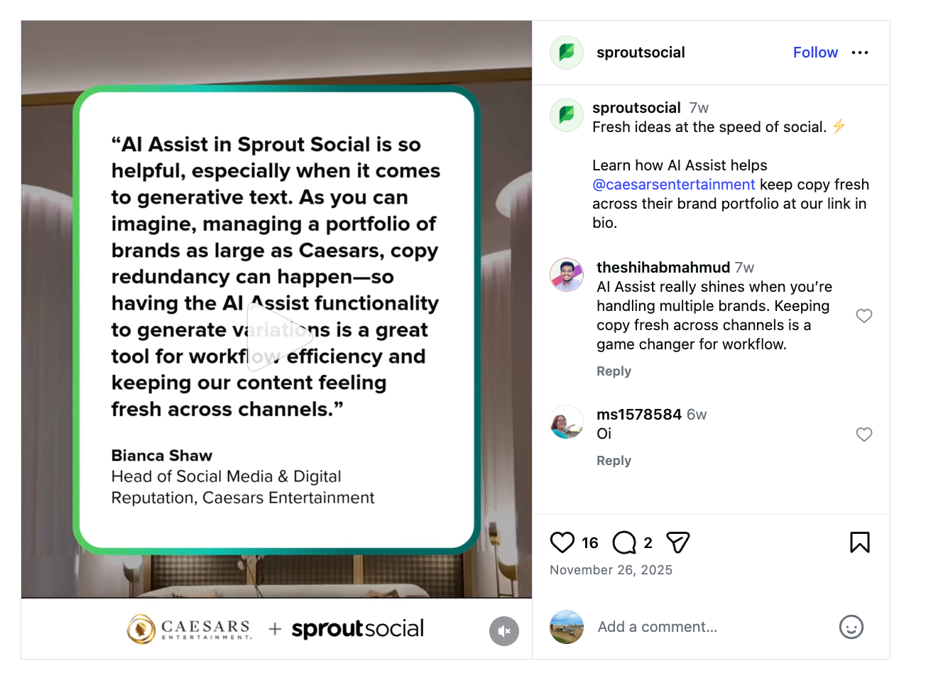 Quote from Bianca Shaw of Caesars Entertainment sharing how they use AI Assist in Sprout Social