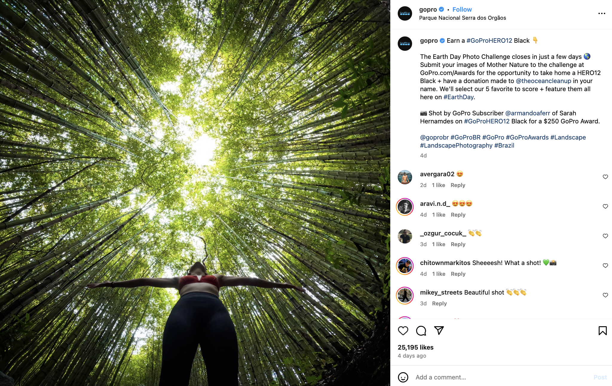 GoPro Instagram post with a user-submitted photo of a woman standing in a forest with outstretched arms