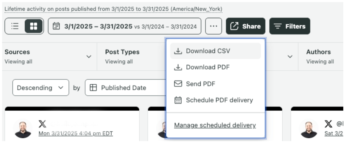 A Sprout Social dashboard dropdown menu featuring options to download or send reports 