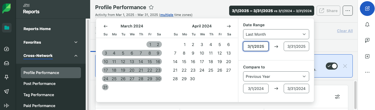 Sprout Social's Profile Performance report featuring a date range selector