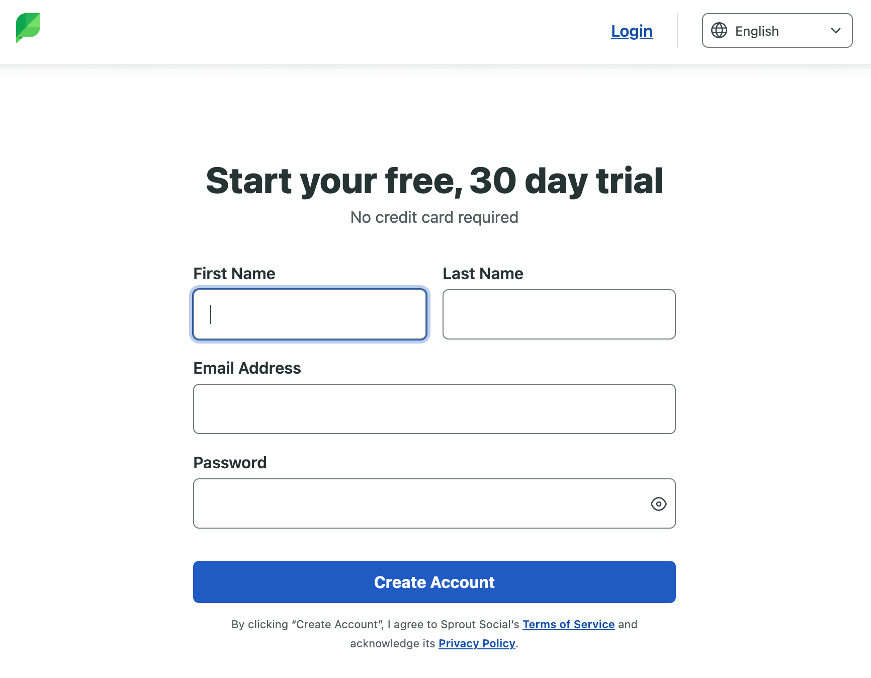 Sprout Social's free trial sign-up page requires your name, email and a password