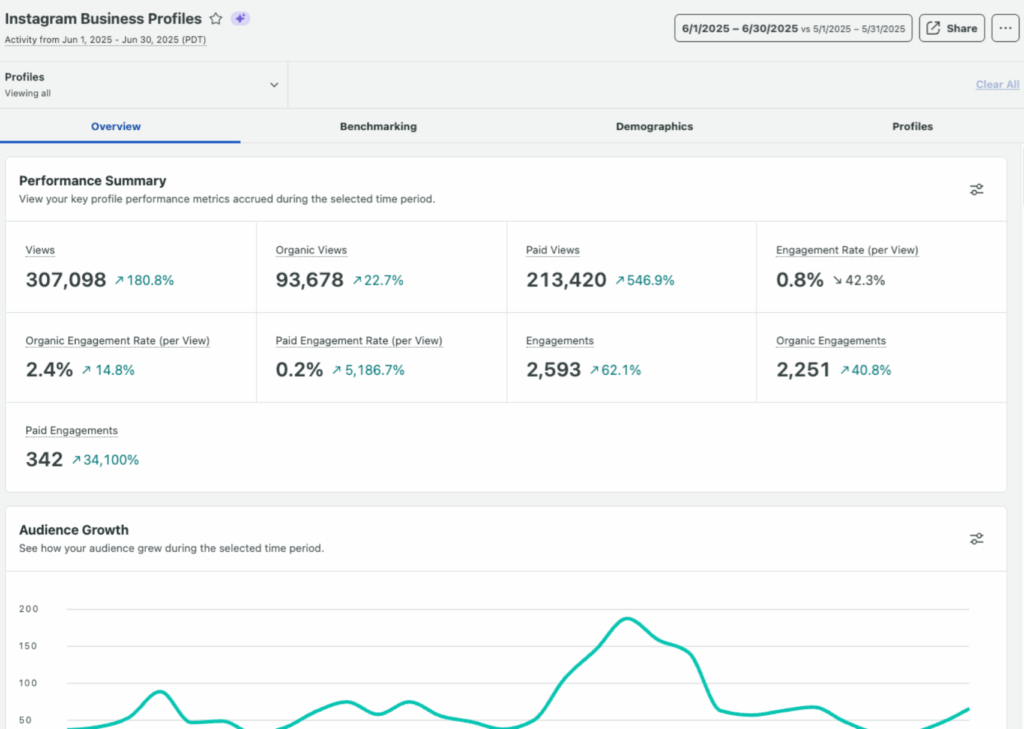 Sprout Social's Instagram Business Profile Report with a performance summary at the top