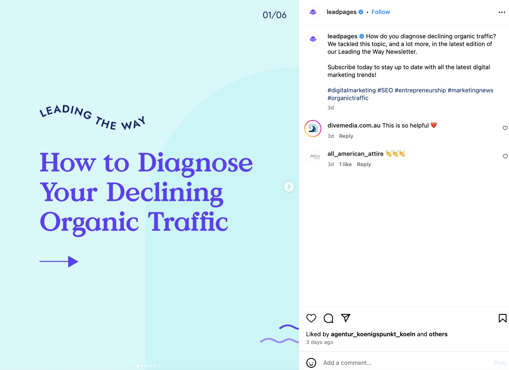 Instagram carousel post from Leadpages with an original graphic that reads "how to diagnose your declining organic traffic"
