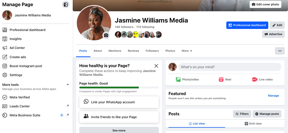 Detailed view of the Facebook 'Manage Page' section showing navigation options for the professional dashboard, Insights, a health check prompt and more.