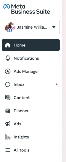 The left hand navigation bar inside Meta Business Suite.