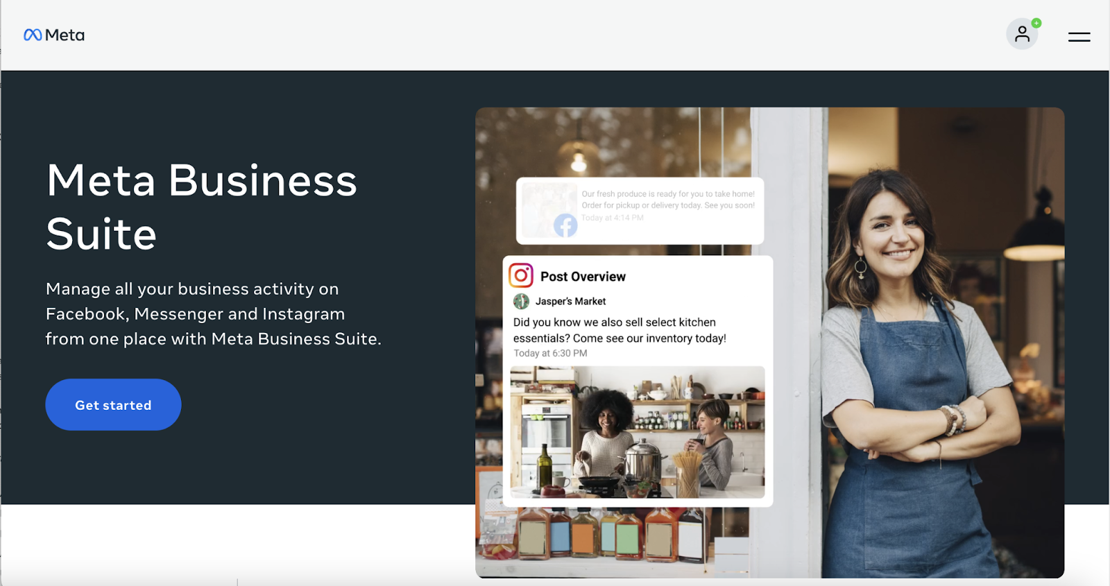 The Meta Business Suite webpage showing a smiling woman in an apron standing outside a cafe, with features of the Suite displayed and a get started button.