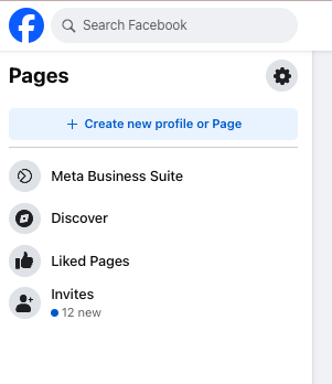 Facebook navigation interface, showing a list of page management options on the left.
