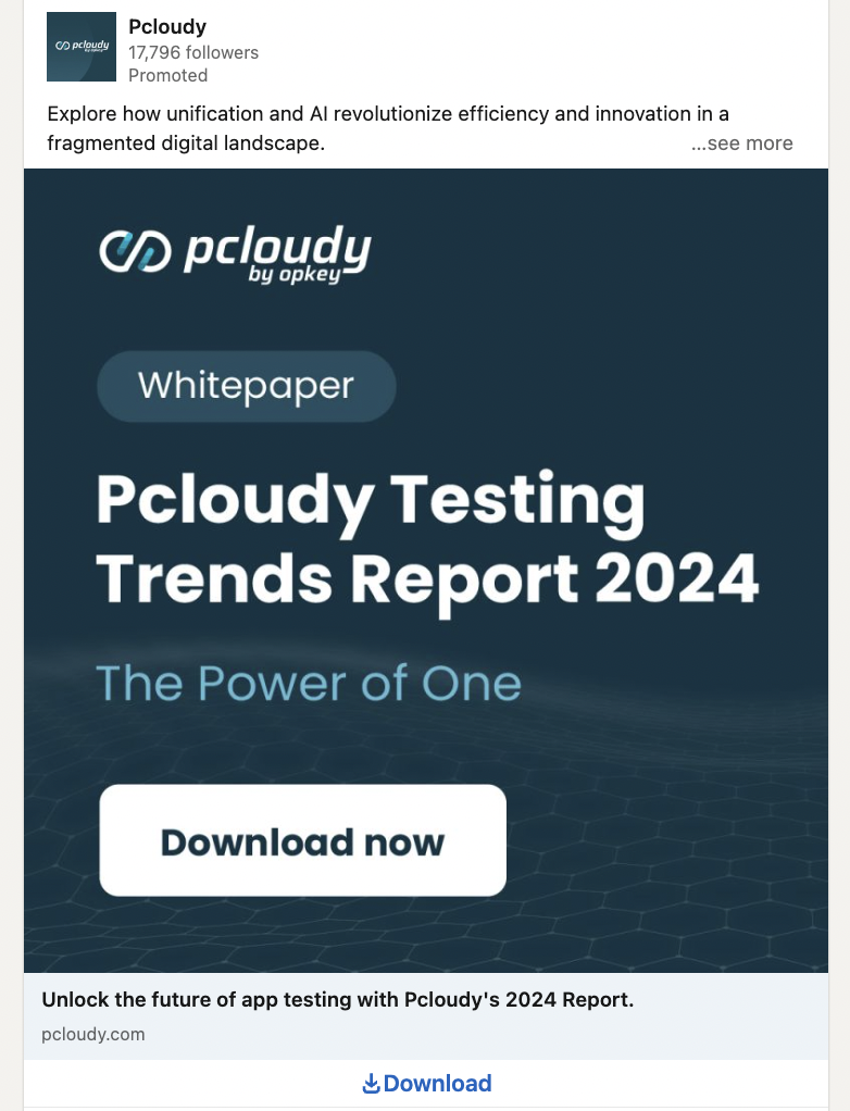linkedin promoted post from pcloudy showing the pcloudy testing trends report 2024 with the option to download