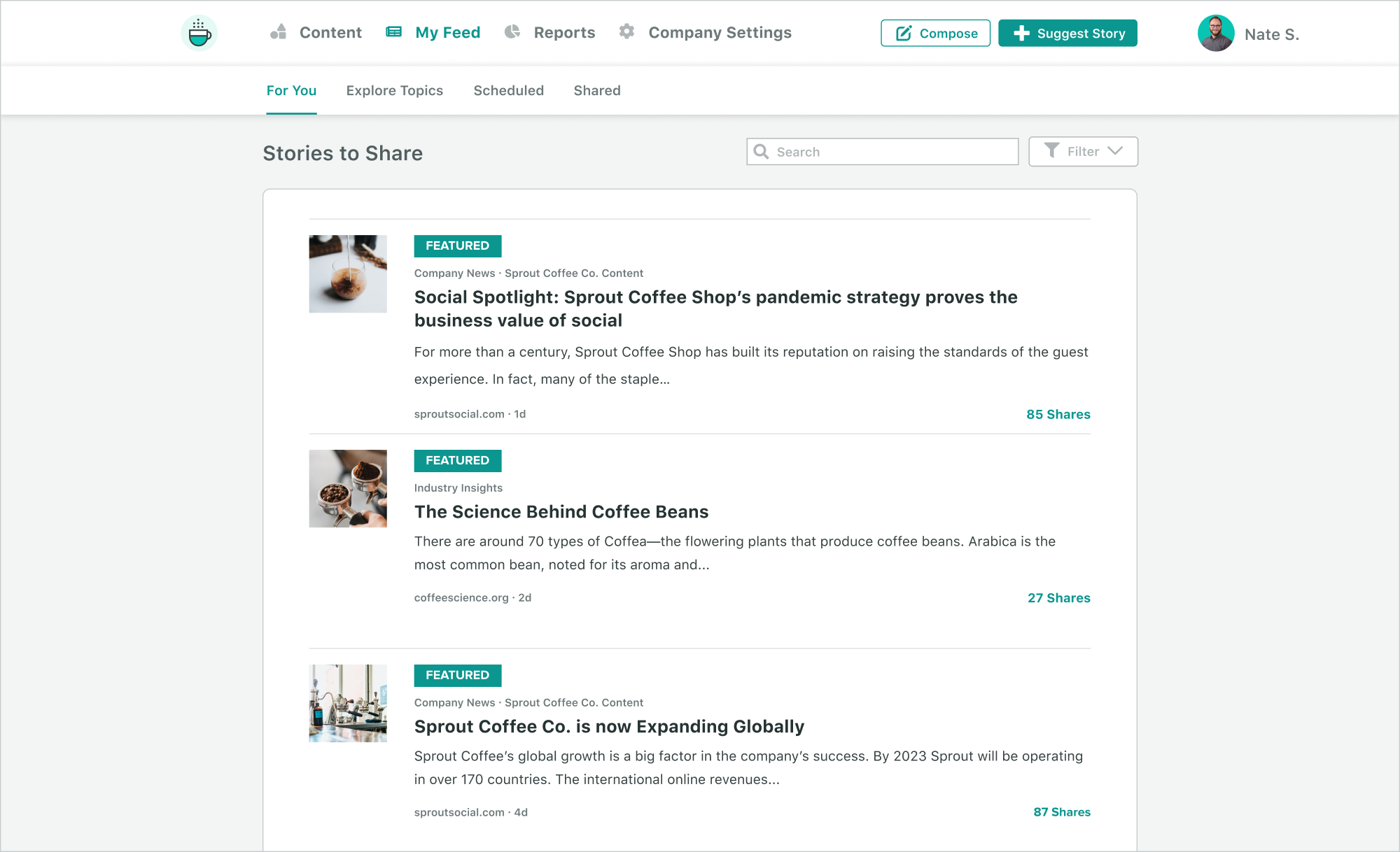 The My Feed section of Employee Advocacy by Sprout Social.